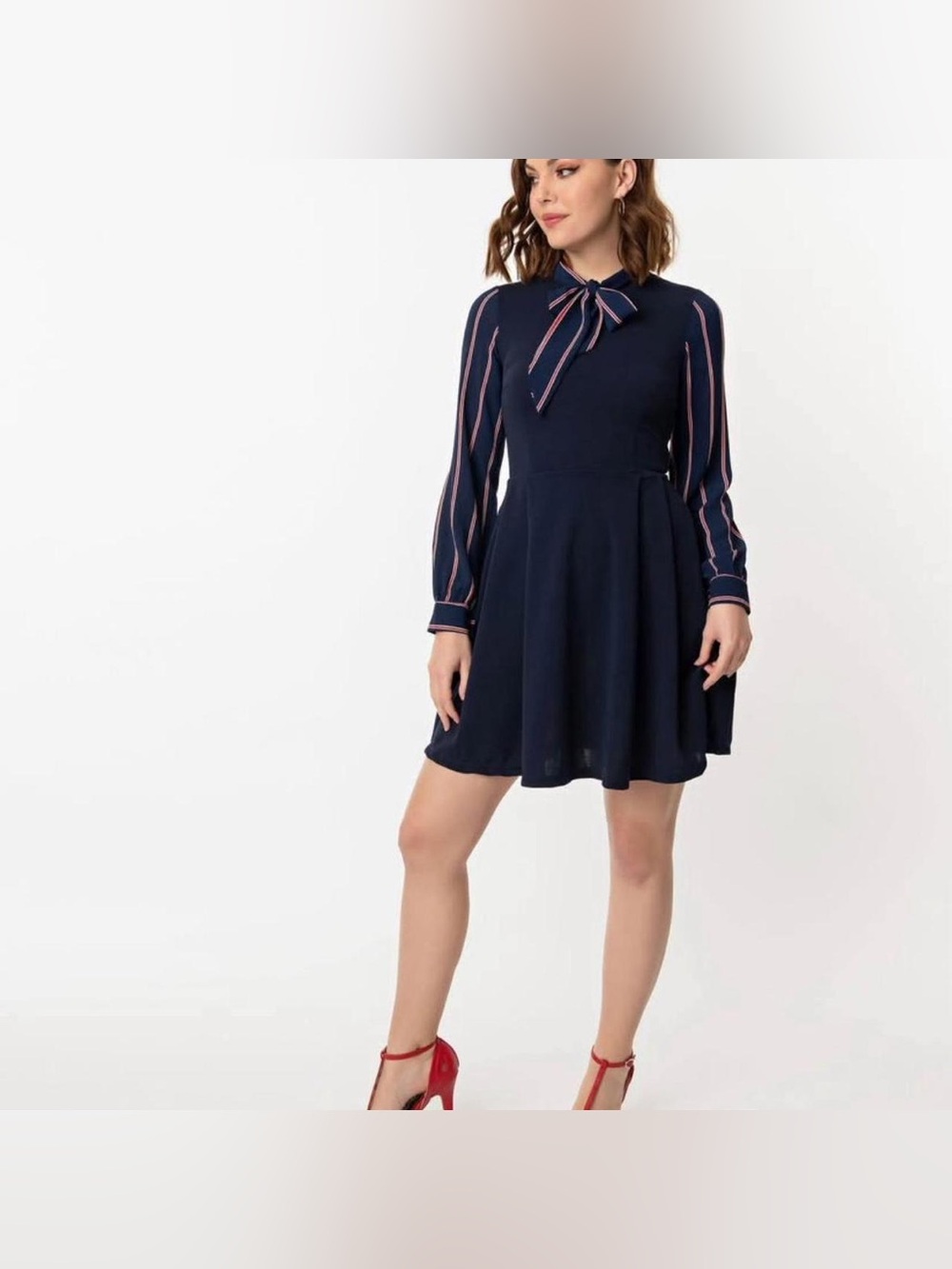 Navy Bow-Tie Long Sleeve Dress - Unique Vintage Smak Parlour